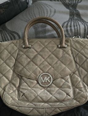 Michael Kors Quilted Taupe Suede Satchel with MK Logo